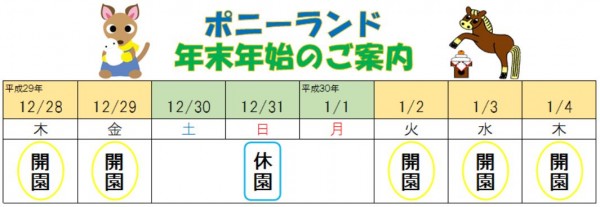 平成２９年１２月３０日から平成３０年１月１日の期間は休園です