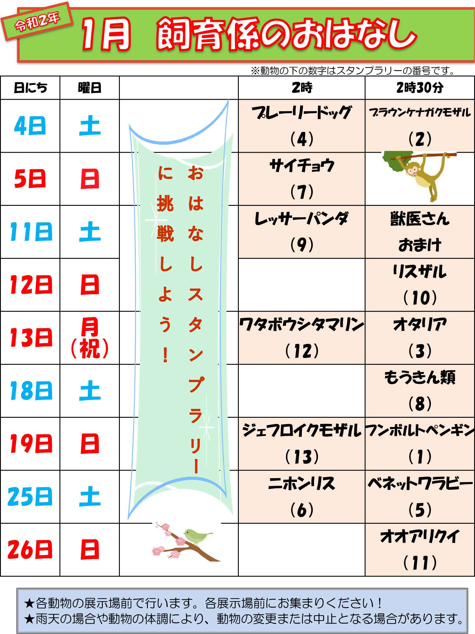 1月の飼育係のおはなしスケジュール イベント 講座 自然動物園 公益財団法人 えどがわ環境財団